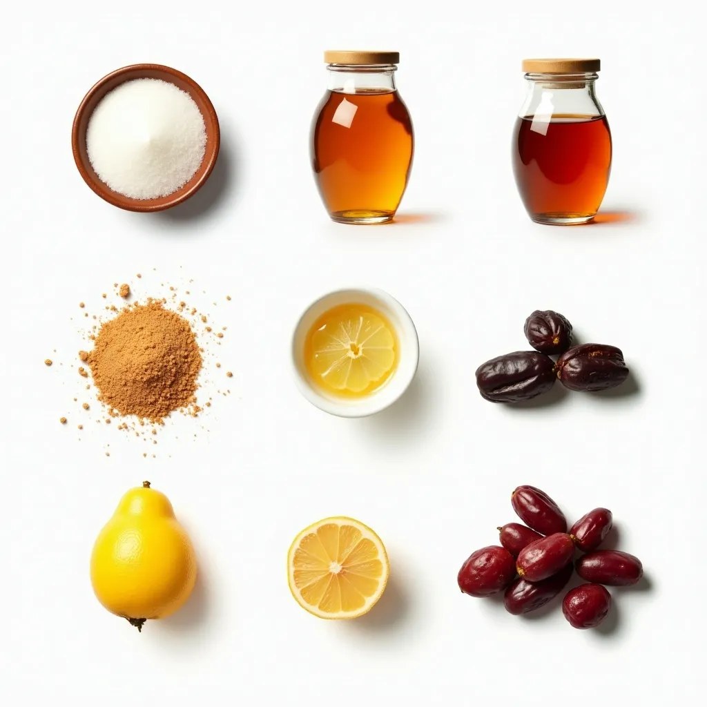 Divers ingrédients sucrés comme le miel, le sucre de canne et des fruits